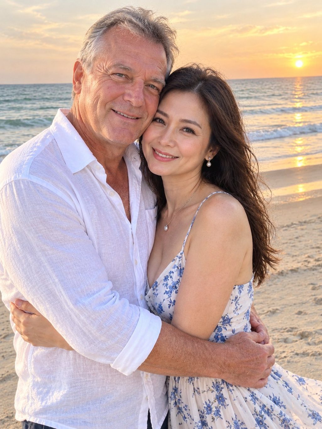 Couple embracing on a beach at sunset, smiling at the camera