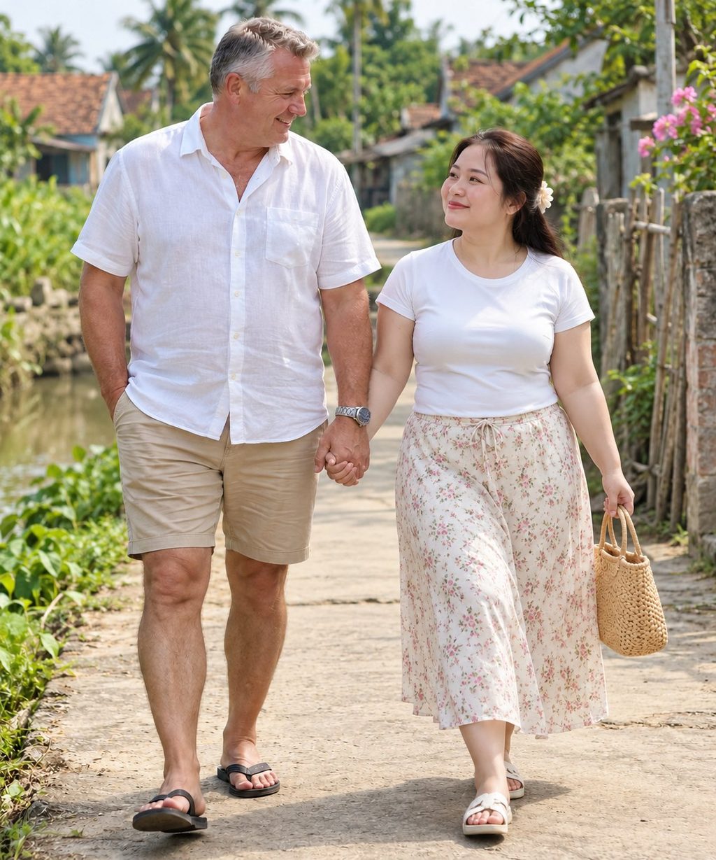 Couple holding hands on a quiet village lane in Vietnam